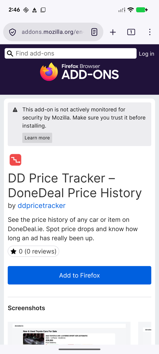 The DD Price Tracker page on addons.mozilla.org in Firefox for Android, with the blue Add to Firefox button