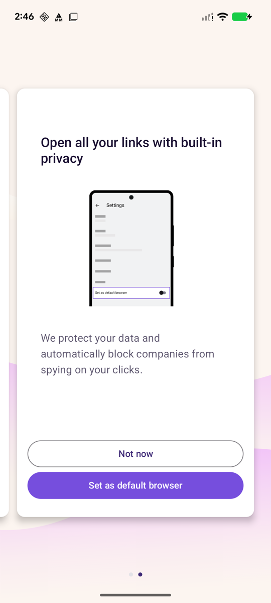 Firefox's welcome screen titled Open all your links with built-in privacy, with Not now and Set as default browser buttons