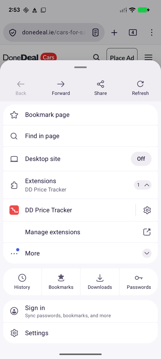 The Firefox for Android menu open over a DoneDeal ad, with the Extensions row expanded to show DD Price Tracker with a settings cog and a Manage extensions link