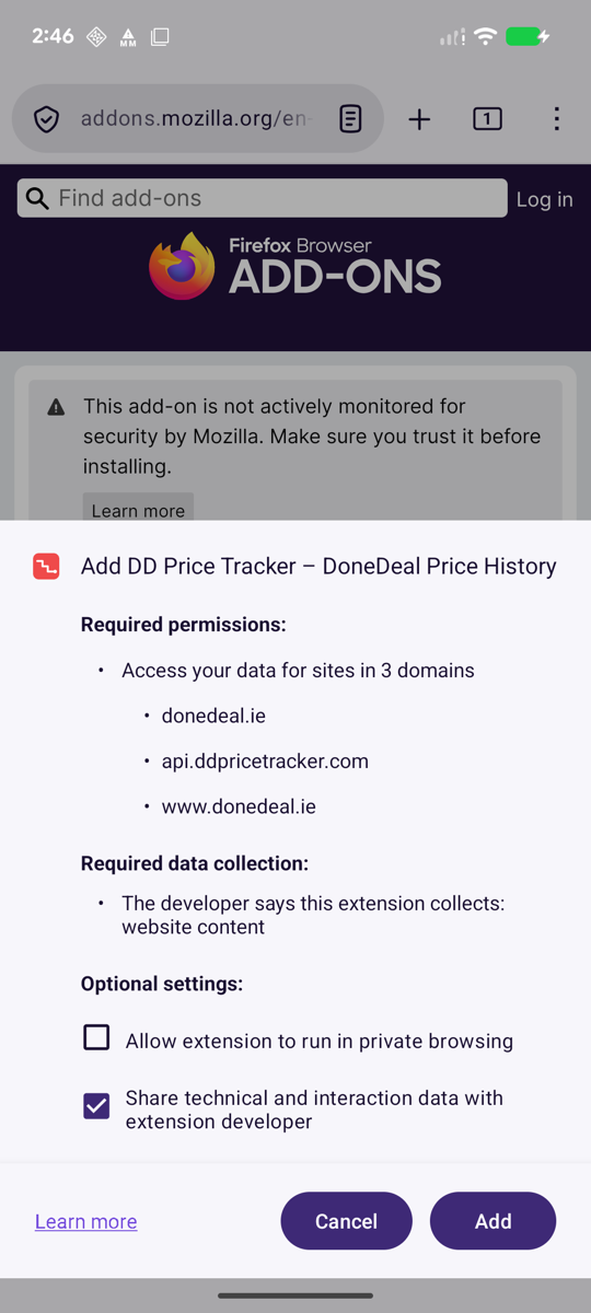 Firefox's install dialog: Add DD Price Tracker, required permissions for donedeal.ie, api.ddpricetracker.com and www.donedeal.ie, required data collection website content, two optional switches, and Cancel and Add buttons