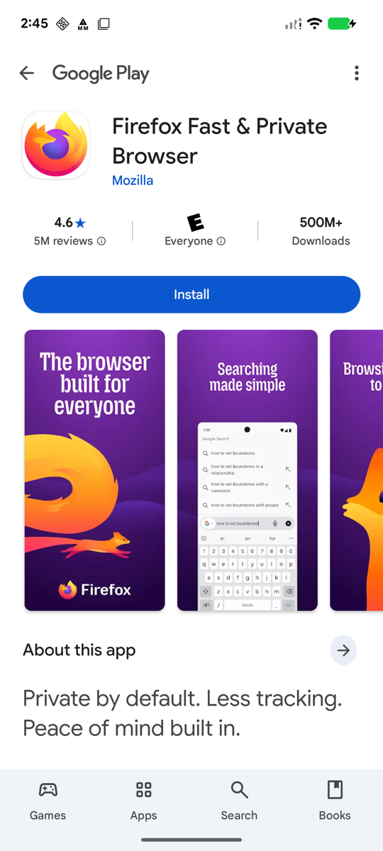 Google Play listing for Firefox Fast and Private Browser by Mozilla, 4.6 stars, 500 million downloads, with a blue Install button