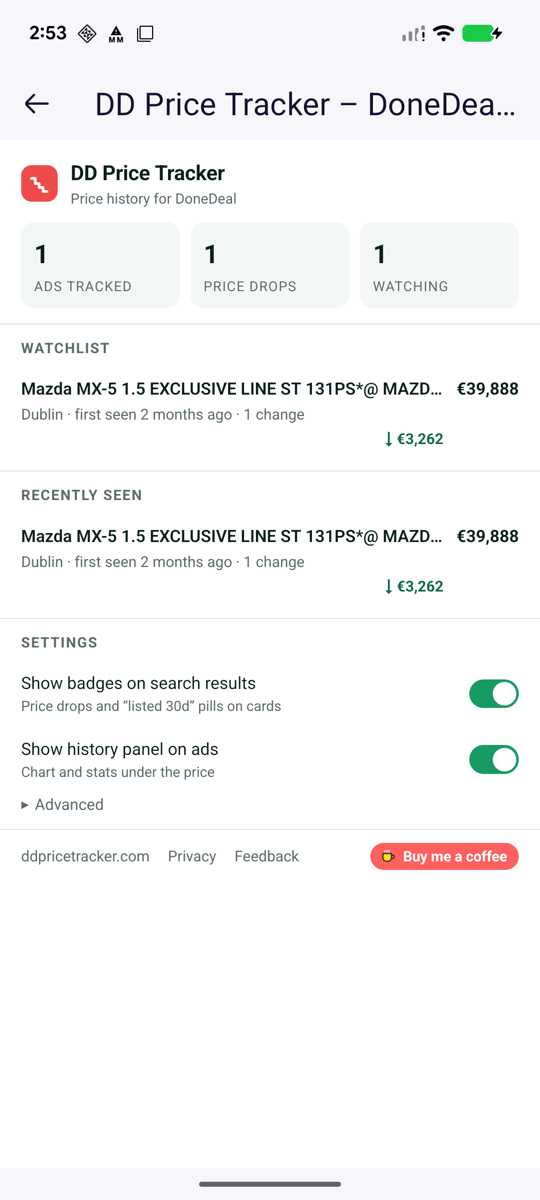 The DD Price Tracker page opened from the Firefox menu: 1 ad tracked, 1 price drop, 1 watching, the Mazda MX-5 in the watchlist at €39,888 down €3,262, recently seen, and the two settings switches