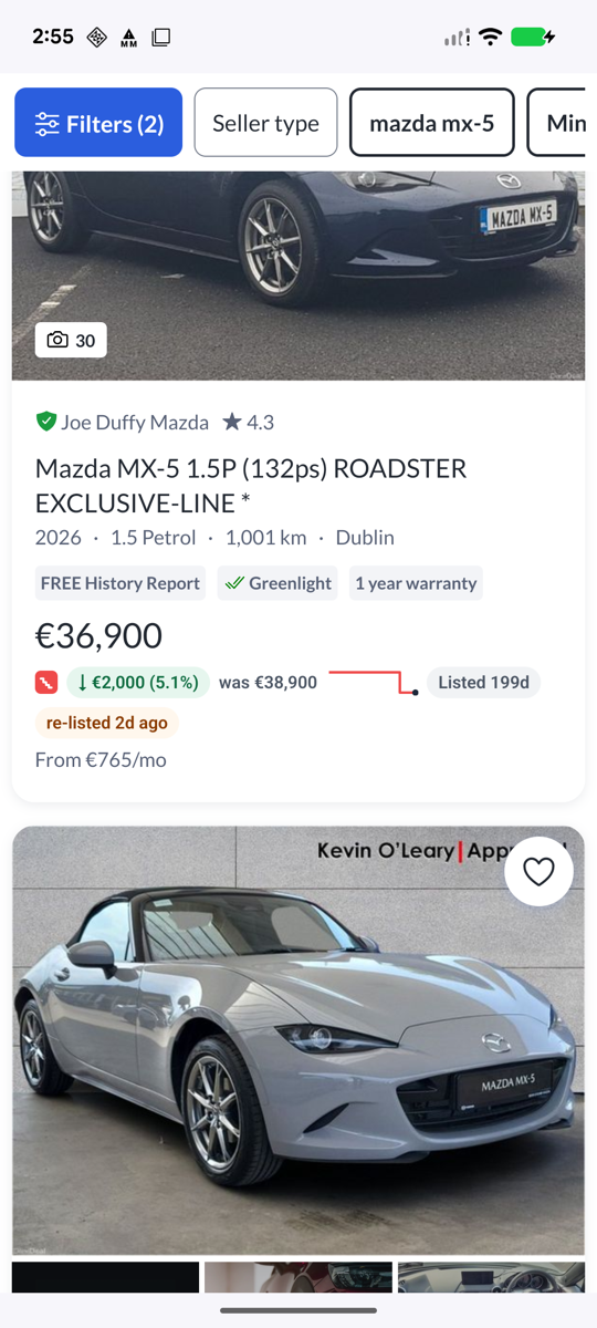 A DoneDeal search result card in Firefox for Android for a 2026 Mazda MX-5 at €36,900, with DD Price Tracker badges reading down €2,000 (5.1%), was €38,900, a small sparkline, Listed 199d and re-listed 2d ago