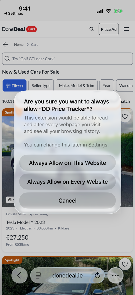 Safari's second permission sheet: Are you sure you want to always allow DD Price Tracker, with the buttons Always Allow on This Website, Always Allow on Every Website and Cancel