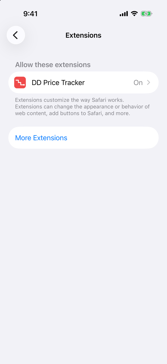 Settings, Apps, Safari, Extensions on an iPhone: under the heading Allow these extensions, one row reading DD Price Tracker with the value On