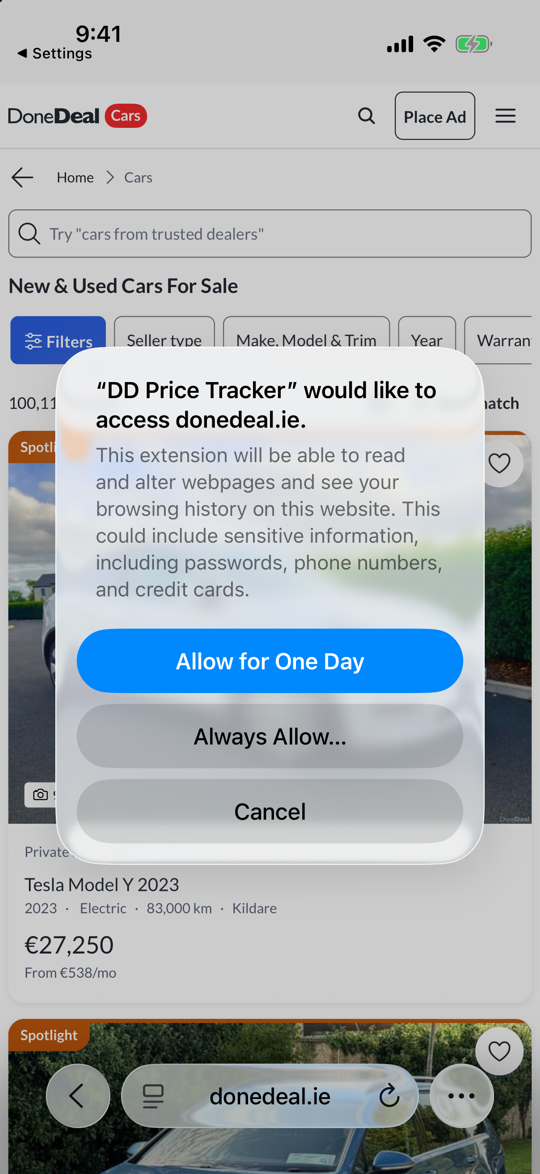 Safari's permission sheet over a DoneDeal page: DD Price Tracker would like to access donedeal.ie, with the buttons Allow for One Day, Always Allow and Cancel