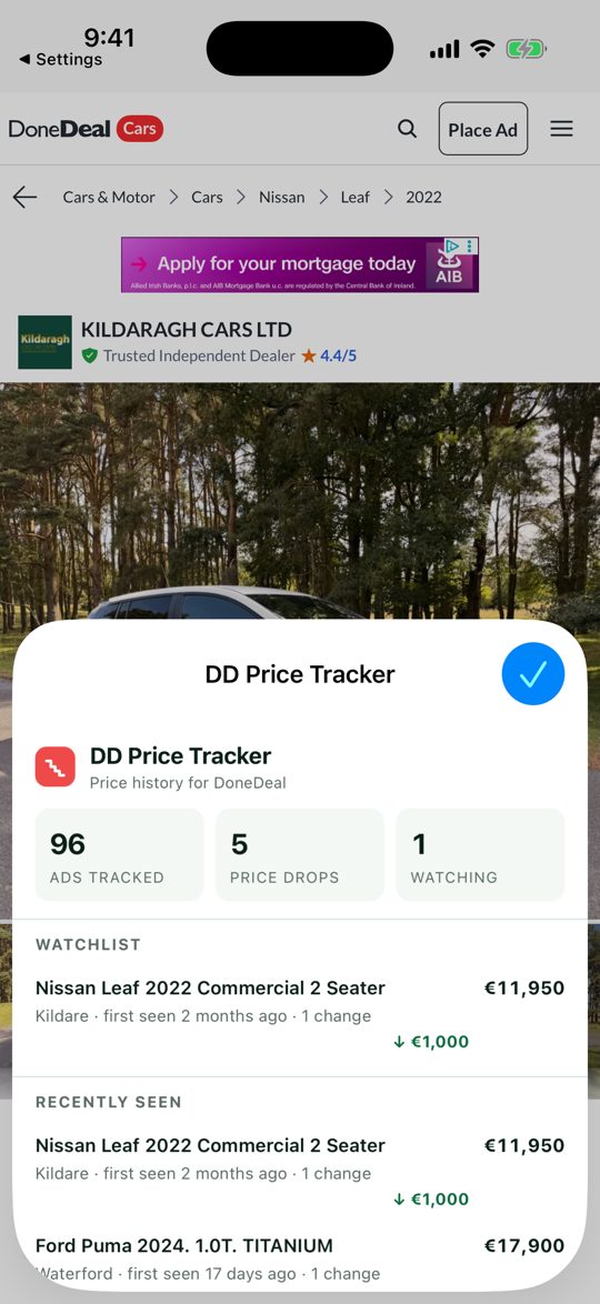 The DD Price Tracker page opened from Safari's page menu: 96 ads tracked, 5 price drops, 1 watching, the Nissan Leaf in the watchlist at €11,950 down €1,000, and the Leaf and a Ford Puma under recently seen